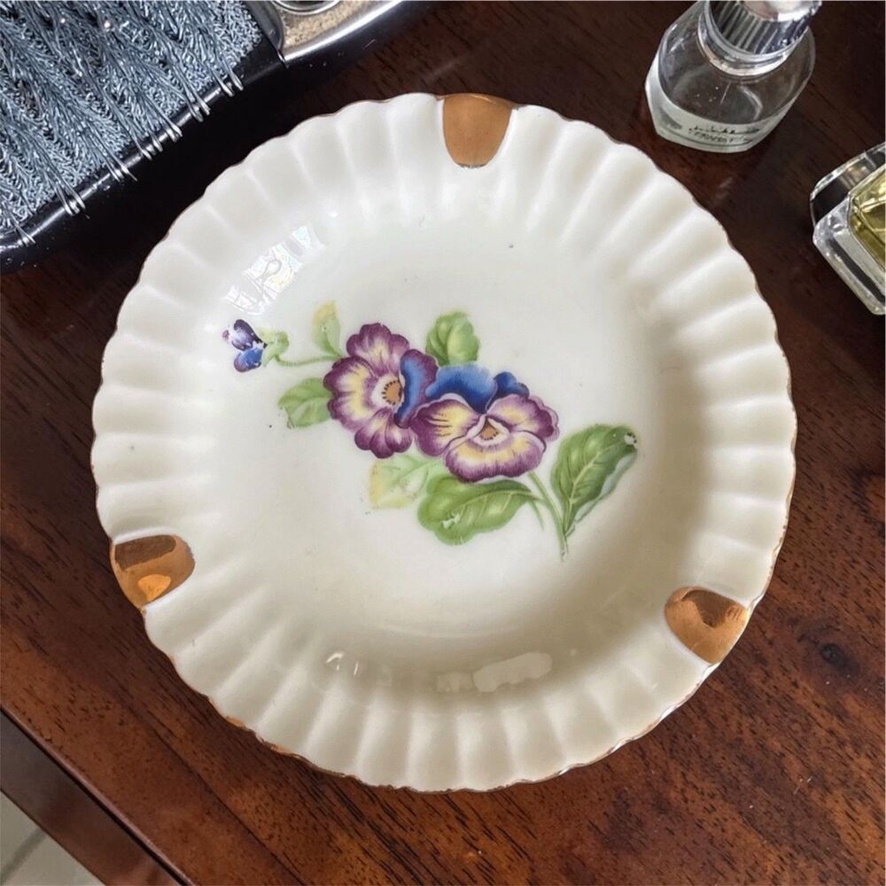 Porcelain Floral Ashtray With Purple Pansies Gold Gilding Vintage Japan
